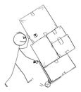 Man Pushing Hand Truck, Concept of Delivery, Logistic or Moving. Vector Cartoon Stick Figure Illustration