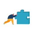 Man Pushing Huge Jigsaw Puzzle Piece Isolated on White Background. Business Solution, Compromise and Problem Solving