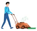 Gardener works with equipment, lawn mowing machine. Male character takes care of garden, grass