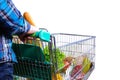 Man pushing shopping cart full of food isolated white