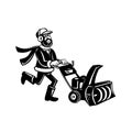 Man Pushing a Snow Blower or Snow Thrower Cartoon Retro Black and White Royalty Free Stock Photo