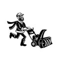 Man Pushing a Snow Blower or Snow Thrower Cartoon Retro Black and White