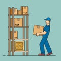 The man puts box on rack. The courier works at warehouse. Delivery service. Vector outline flat illustration