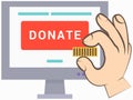 Man puts gold coin in computer monitor for donations. Coin in hand donation box. Donate giving money