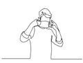 Man puts on a mask. Single line drawing of young man wearing mask. Hygienic mask to prevent infection, airborne respiratory