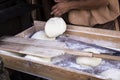 Man putting bread dough in the wood oven Royalty Free Stock Photo