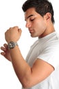 Man putting on chronograph watch Royalty Free Stock Photo