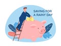 Man putting coin in piggy bank 2D vector web banner, poster Royalty Free Stock Photo