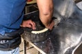 Man putting dough on millstone to be able to assemble well