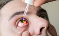 Man is putting drops in his eyes. Medical treatment concept. Allergic conjunctivitis problem