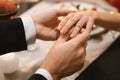 Man Putting Engagement Ring On Girlfriend`s Hand During Dinner In Restaurant Royalty Free Stock Photo