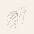 Man putting engagement ring on woman hand, outdoor. marriage proposal. Graphic vector illustration. Line art, Sketch Royalty Free Stock Photo