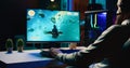 Man putting headphones on to play spaceship flying singleplayer game