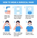 Man is putting on mask for prevent virus. Illustration of steps, how to wear surgical mask