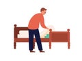 Man putting money under mattress vector flat illustration. Male trying saving income no trust financial institutions and