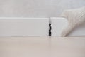 Man putting new skirting board on wall in house Royalty Free Stock Photo