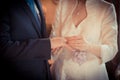 Man putting the wedding ring to his bride`s finger, close up, dreamlike setting. Royalty Free Stock Photo