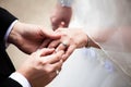 Man Putting Wedding Ring on Woman`s Finger, Wedding Ceremony Royalty Free Stock Photo