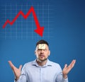 Man with question mark and illustration of falling down chart on light blue background. Economy recession concept Royalty Free Stock Photo