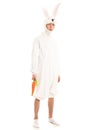 Man in a rabbit costume on white background