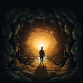 Man in a rabbit hole walking in a dark cave following a Bitcoin logo