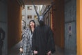 Man with rabbit mask outside Armani fashion show building for Mi