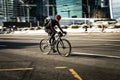 Man racing bicycle on the urban highway on high speed. Bicycle rider in the city in motion blur