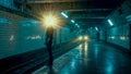 Man radiates light on a dark, wet subway platform Royalty Free Stock Photo