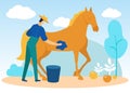Man With Rag in Hand Washes Rudy Horse. Vector