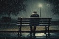 Man rain bench. Generate Ai Royalty Free Stock Photo