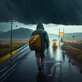 A man in a raincoat with a backpack walks along the highway in the rain. AI Generated Royalty Free Stock Photo