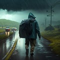 A man in a raincoat with a backpack walks along a rainy road. AI Generated Royalty Free Stock Photo