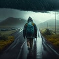 A man in a raincoat with a backpack walks along a rainy road. Generative AI