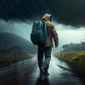 A man in a raincoat with a backpack walks along the road. generative AI Royalty Free Stock Photo