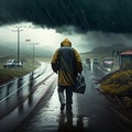 A man in a raincoat with a backpack walks along the road. Generative AI Royalty Free Stock Photo