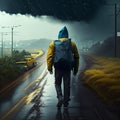 A man in a raincoat with a backpack walks along the road. Generative AI Royalty Free Stock Photo