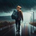 A man in a raincoat with a backpack walks along the road in the rain AI generated Royalty Free Stock Photo
