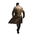 Man wearing trench coat in a noir vintage style. Looking back. Handsome man running or walking away. Transparent PNG background.