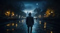 A man in a raincoat with a hood walks along the street at night