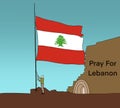 Man raise the Lebanon flag on a pole, waving on blue sky background.Massive explosion on Beirut. concept of praying, mourn, humani