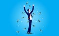 Raining money on happy cheering businessman