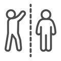 Man with raised hand divided with another person line icon, social distancing concept, Sickness prevention sign on white