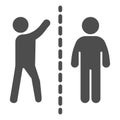 Man with raised hand divided with another person solid icon, social distancing concept, Sickness prevention sign on