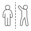 Man with raised hand divided with another person thin line icon, social distancing concept, Sickness prevention sign on