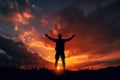 man raised his hands to the orange sunset sky generative ai Royalty Free Stock Photo