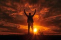 man raised his hands to the orange sunset sky generative ai Royalty Free Stock Photo