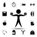 The man raises dumbbell icon. Simple glyph vector element of gym icons set for UI and UX, website or mobile application