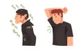 Man Raising Hand Feeling Bad Smell from Armpit and Wearing Dirty Clothes Vector Set