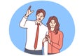 Man raising hand wanting to be noticed and modest smiling woman standing behind. Vector image Royalty Free Stock Photo