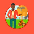 Man raking autumn leaves vector illustration.